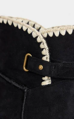 Black Faux Suede Round Toe Stitched Borg Lined Ankle Boots