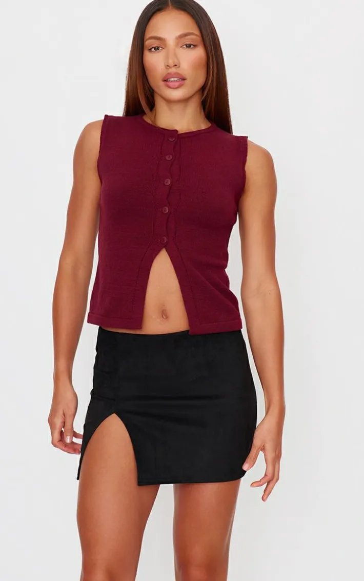 Black Faux Suede Split Hem A Line Mini Skirt