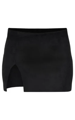 Black Faux Suede Split Hem A Line Mini Skirt