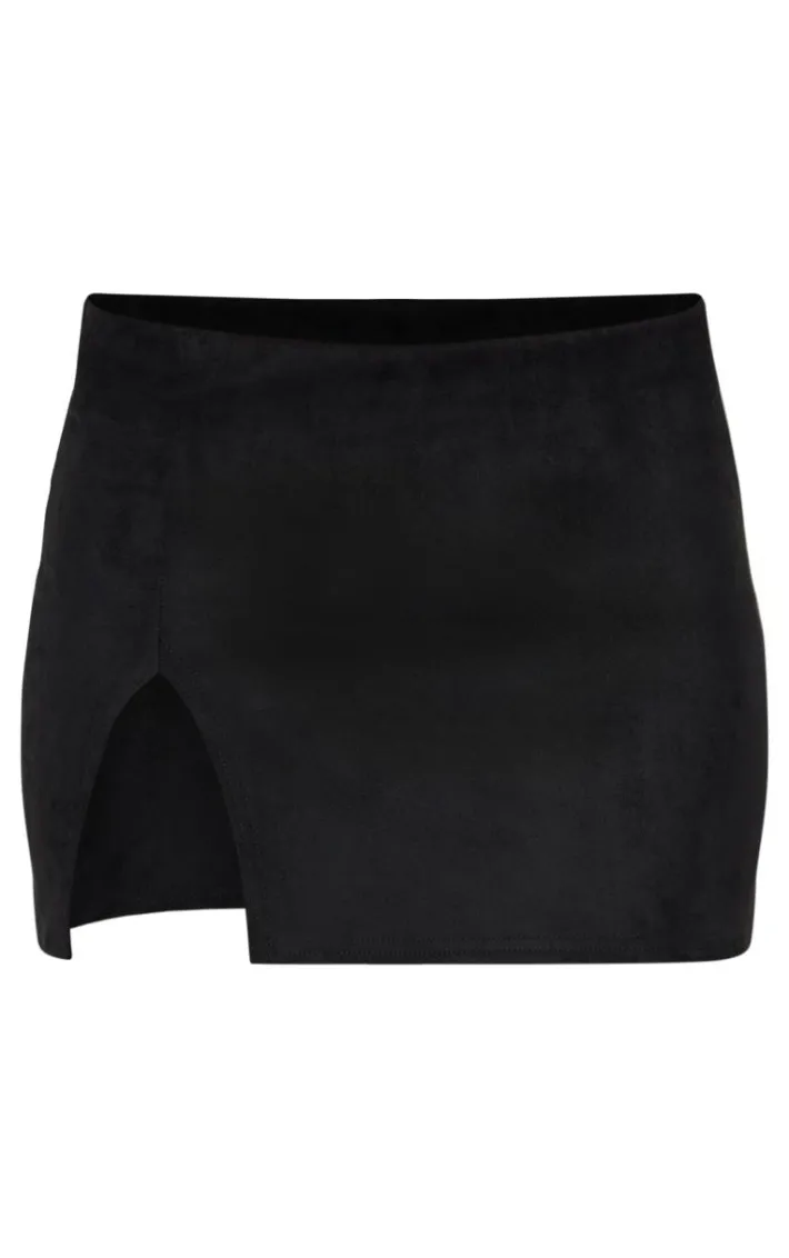 Black Faux Suede Split Hem A Line Mini Skirt