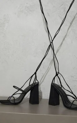 Black Faux Suede Toe Detail Lace Up High Block Heeled Sandals