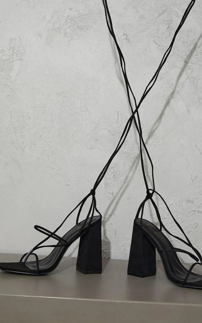 Black Faux Suede Toe Detail Lace Up High Block Heeled Sandals