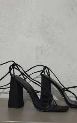 Black Faux Suede Toe Detail Lace Up High Block Heeled Sandals