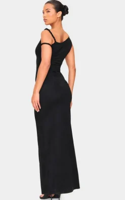 Black Faux Suede Twist Shoulder Maxi Dress