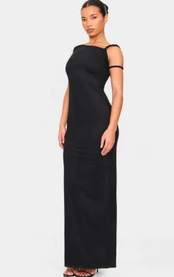 Black Faux Suede Twist Shoulder Maxi Dress