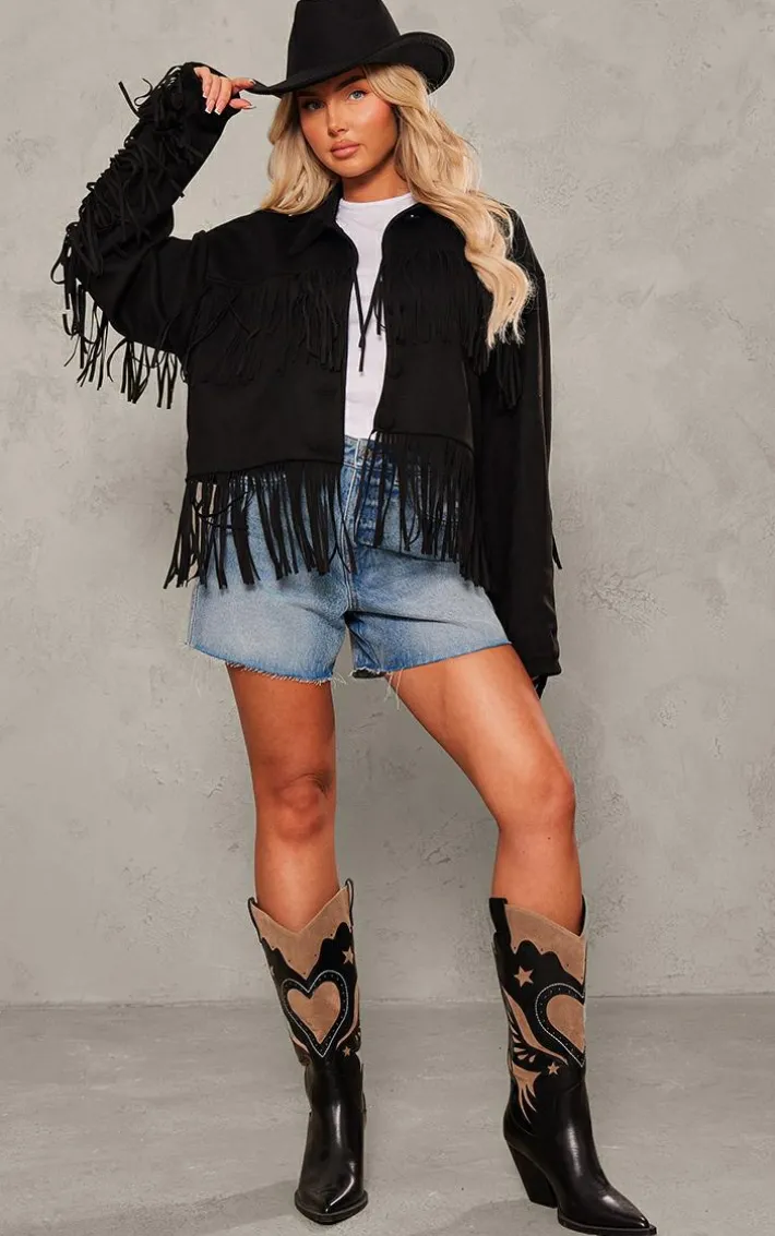 Black Faux Suede Western Fringe Detail Jacket