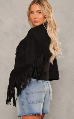 Black Faux Suede Western Fringe Detail Jacket