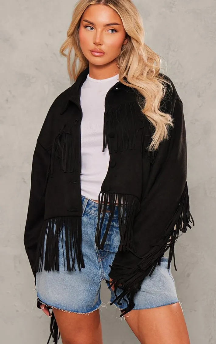 Black Faux Suede Western Fringe Detail Jacket