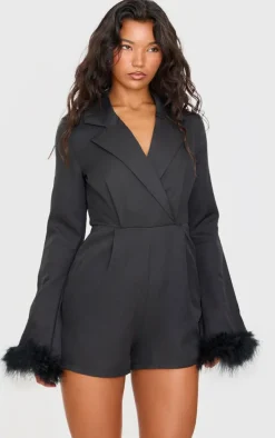Black Feather Cuff Blazer Romper