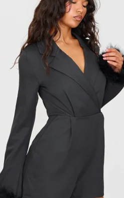 Black Feather Cuff Blazer Romper
