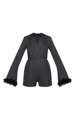 Black Feather Cuff Blazer Romper
