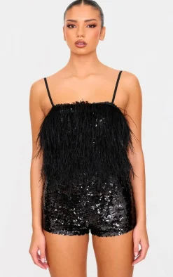 Black Feather Detail Strappy Sequin Romper