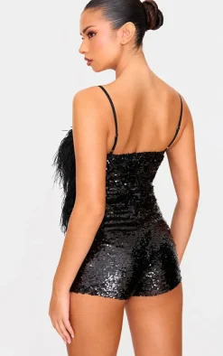 Black Feather Detail Strappy Sequin Romper