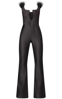 Black Feather Shoulder V Bar Underwired Satin Jumpsuit