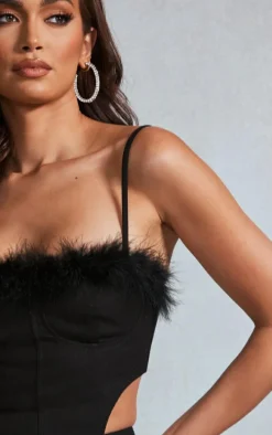 Black Feather Trim Cup Detail Denim Top