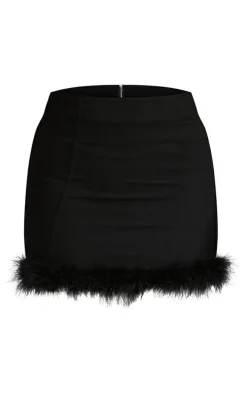 Black Feather Trim Denim Mini Skirt