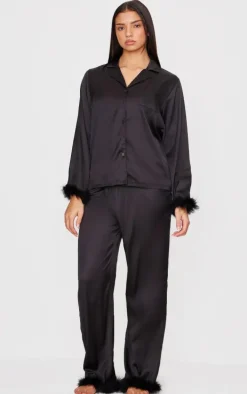 Black Feather Trim Satin Long Pajama Set