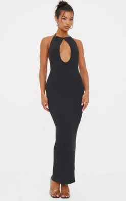 Black Fine Knit Halterneck Maxi Dress