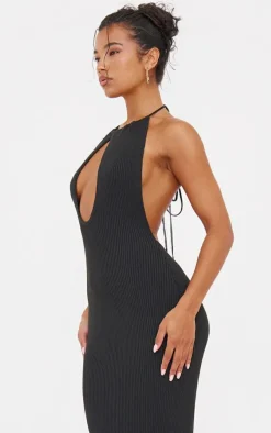 Black Fine Knit Halterneck Maxi Dress