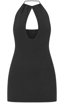 Black Fine Knit Halterneck Mini Dress