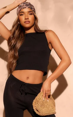Black Fine Knit Racer Neck Crop Top