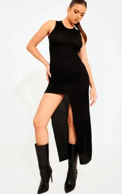 Black Fine Rib Racer Neck Maxi Dress