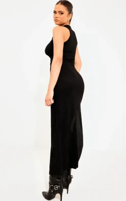 Black Fine Rib Racer Neck Maxi Dress
