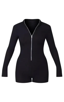 Black Fine Rib Zip Detail Unitard