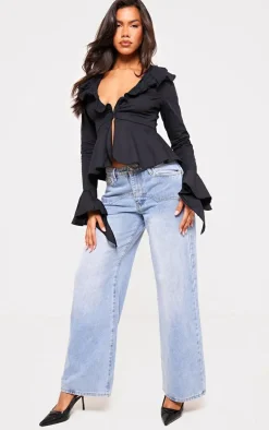 Black Flare Sleeve Ruffle Bust Shirt
