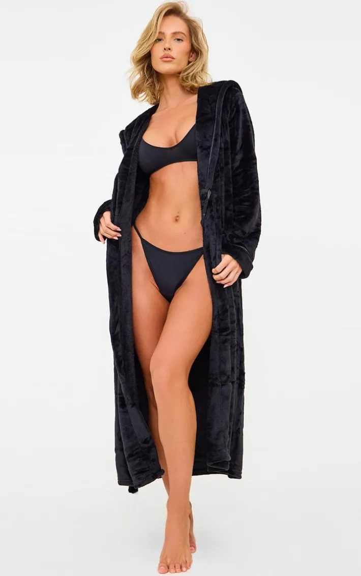 Black Fleece Hooded Maxi Bath Robe