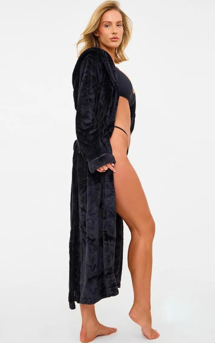 Black Fleece Hooded Maxi Bath Robe
