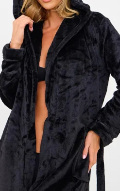 Black Fleece Hooded Maxi Bath Robe