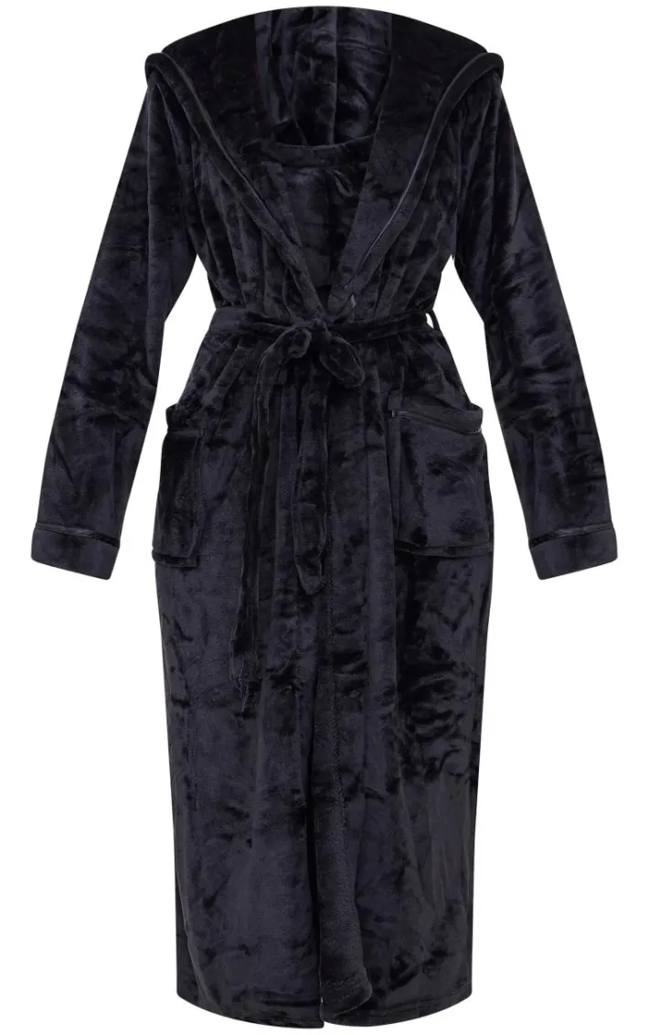 Black Fleece Hooded Maxi Bath Robe