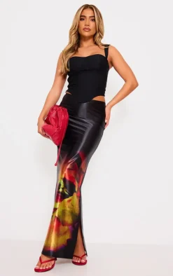 Black Floral Blur Print Stretch Satin Maxi Skirt