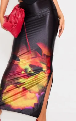 Black Floral Blur Print Stretch Satin Maxi Skirt