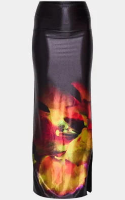 Black Floral Blur Print Stretch Satin Maxi Skirt