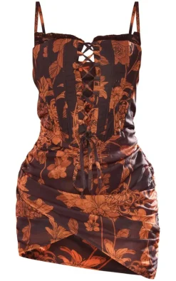 Black Floral Chiffon Draped Lace Up Mini Dress