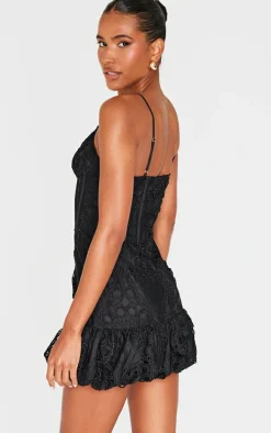 Black Floral Cup Detail Extreme Puff Ball Hem Mini Dress