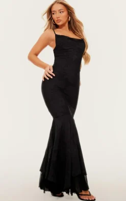 Black Floral Devoure Cowl Neck Frill Hem Maxi Dress