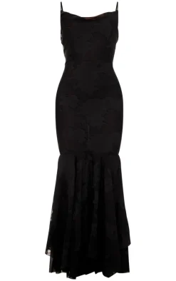 Black Floral Devoure Cowl Neck Frill Hem Maxi Dress