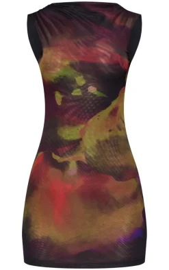 Black Floral Double Layer Printed Mesh Bodycon Dress