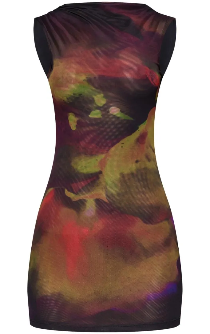 Black Floral Double Layer Printed Mesh Bodycon Dress