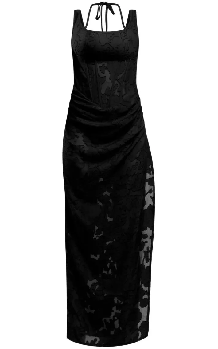 Black Floral Flocked Corset Drape Detail Maxi Dress