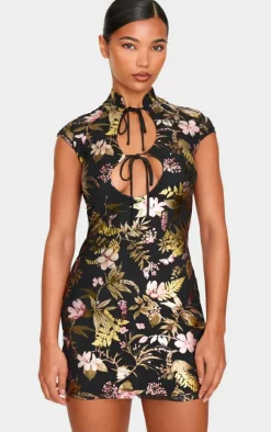 Black Floral Foil Printed Mesh Band Collar Bodycon Dress