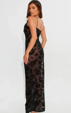 Black Floral Mesh One Shoulder Maxi Dress