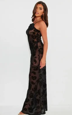 Black Floral Mesh One Shoulder Maxi Dress
