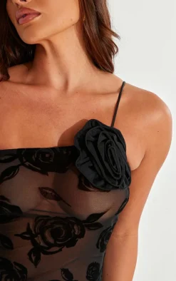 Black Floral Mesh One Shoulder Maxi Dress