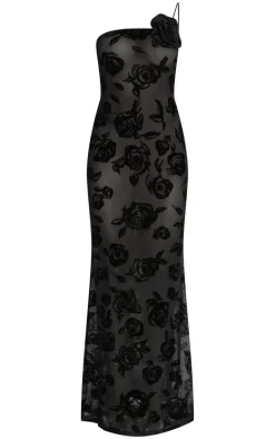 Black Floral Mesh One Shoulder Maxi Dress