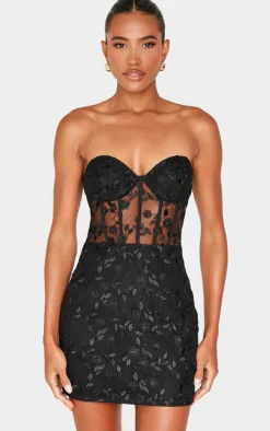 Black Floral Mesh Overlay Corset Mini Dress