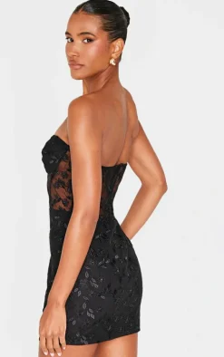 Black Floral Mesh Overlay Corset Mini Dress